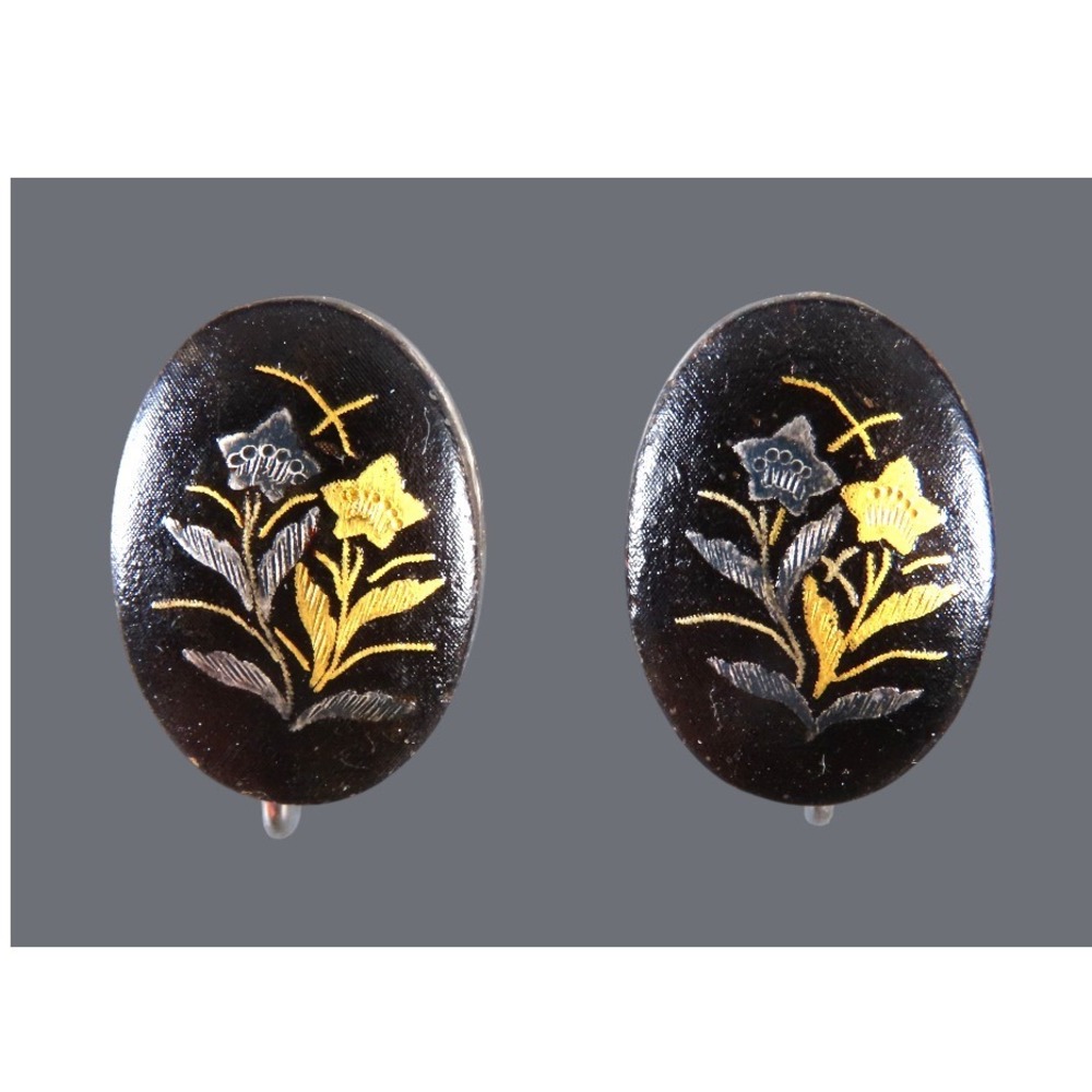 VTG TOLEDO DAMASCENE Screw Back Oval Earrings BLACK ENAMEL Gold Silver Flowers